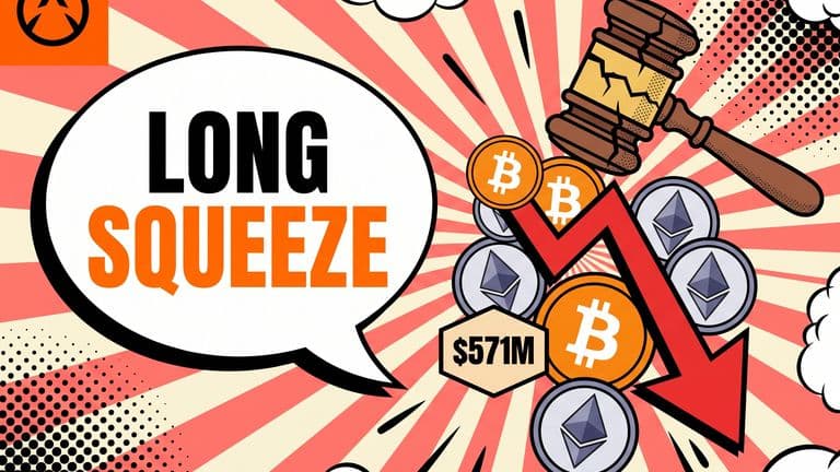 Pop-art comic cover: a cracked Senate gavel above Bitcoin and Ethereum coins tumbling downward with a red arrow, beside a speech bubble reading 'LONG SQUEEZE'.