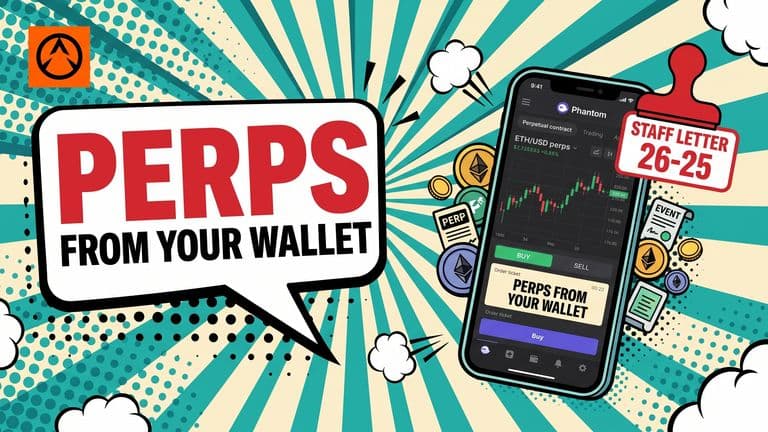 Pop-art comic cover showing a smartphone displaying the Phantom crypto wallet with a perpetual contract chart, a CFTC staff letter icon beside it, and a headline reading PERPS FROM YOUR WALLET.