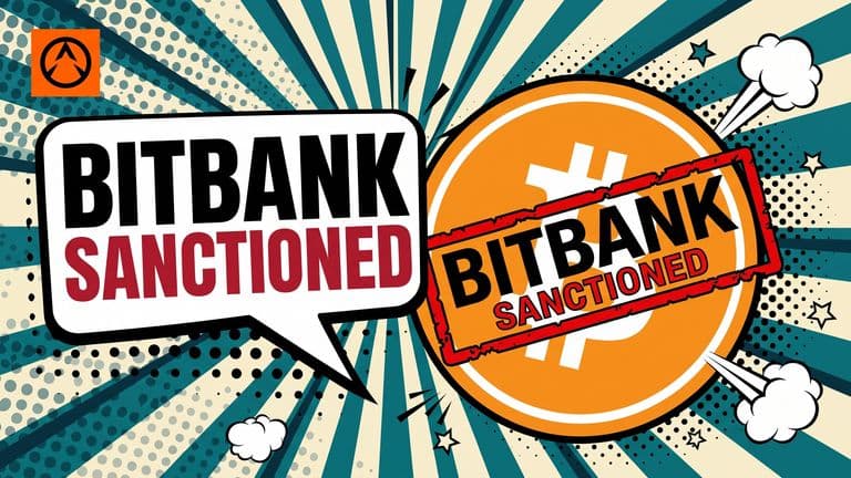 A pop-art comic cover of a Bitcoin coin with a bold red sanctions stamp stamped across it.
