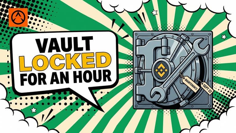 A comic-style vault door bearing the Binance mark is shown half-open with a wrench across it and a small maintenance tag marked Sept 22, under a speech bubble reading 'Vault locked for an hour'.