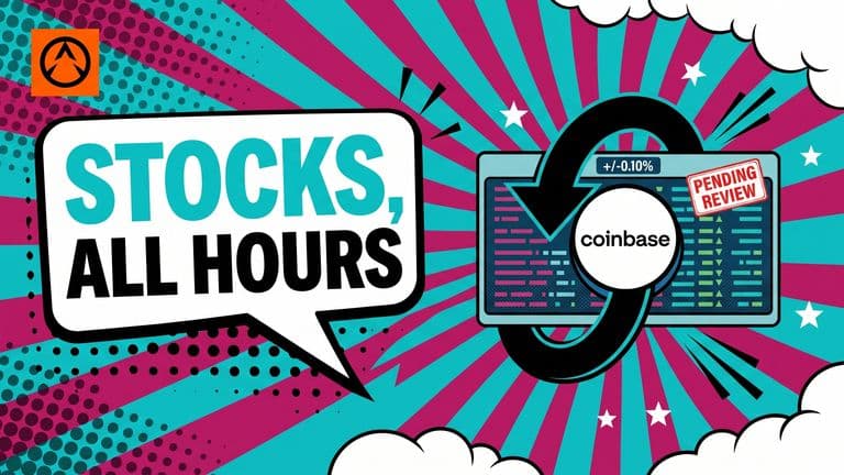 A pop-art illustration of a perpetual-arrow loop around a stock-ticker panel, with the Coinbase logo on a badge and a pending-review stamp in the corner.