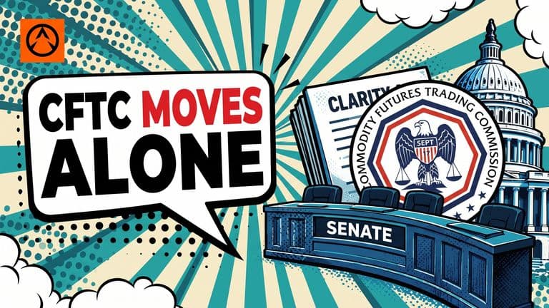 A pop-art comic illustration of a CFTC seal stamped over a stalled CLARITY Act document, with a White House dome in the background.