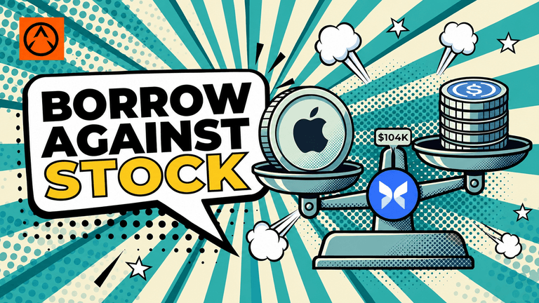 Pop-art illustration of a balance scale weighing a coin with an Apple mark against a stack of USDC tokens, with Morpho and Coinbase logos placed over the beam and top-left corner.