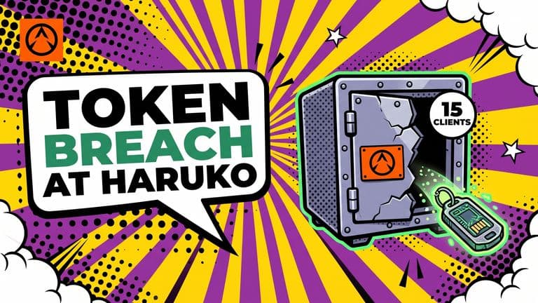 Pop-art illustration of a cracked safe with a glowing API key fob sliding out and a Haruko badge on its face, next to a headline reading TOKEN BREACH AT HARUKO.