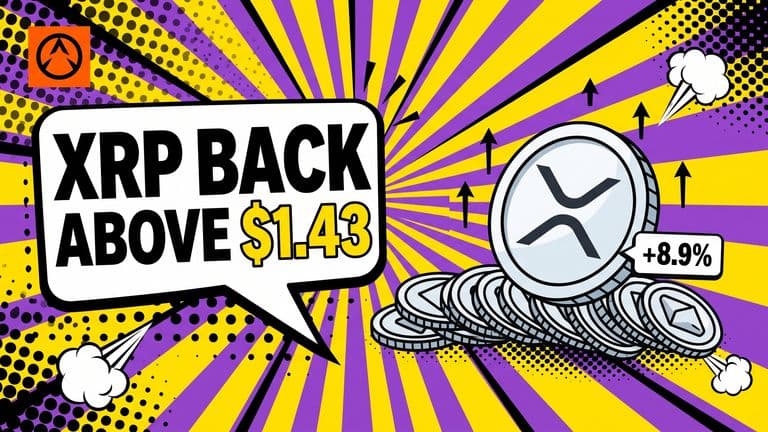 Pop-art comic cover with a large XRP coin rising on the right over a sunburst, surrounded by smaller transaction tiles, and a headline speech bubble on the left reading XRP BACK ABOVE $1.43.