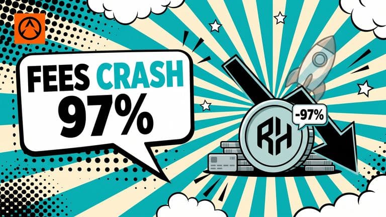 A bold pop-art illustration of a large downward arrow slashing through a coin marked with the Robinhood Chain logo, with a stack of transaction blocks still moving beside it and a faded launchpad rocket behind.