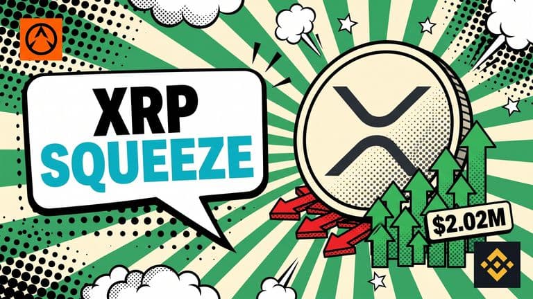 Pop-art comic cover of a large XRP coin being squeezed upward by a wall of buy arrows while short-position arrows are crushed beneath it, with a Binance badge and a speech bubble reading 'XRP SQUEEZE'.