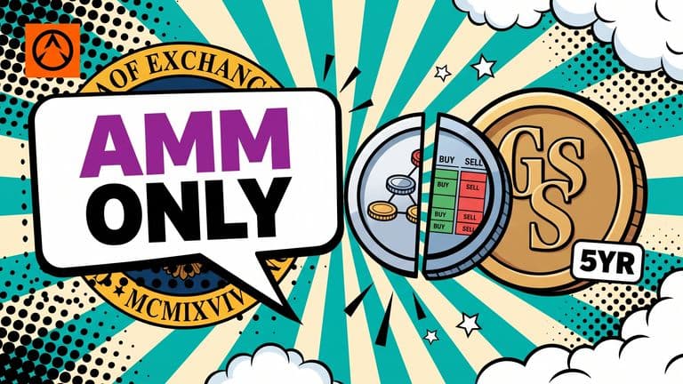 Pop-art cover showing an SEC shield and a Goldman Sachs badge framing a stock token split between an automated market maker pool and a central order book, with the headline AMM ONLY.