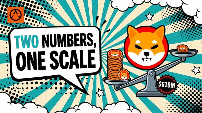 Pop-art comic illustration of a Shiba Inu coin on a tipped balance scale, with a tall stack of tokens on the low side and a short stack on the high side, against a sunburst background.