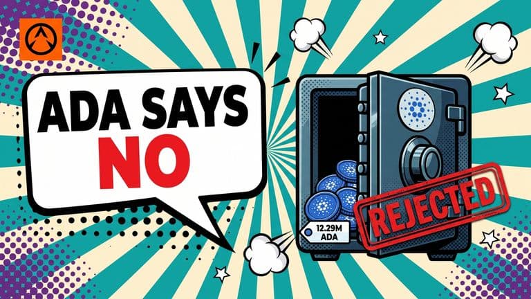 A pop-art cartoon of a vault door slamming shut over a pile of ADA coins marked with the Cardano logo, stamped REJECTED in red.