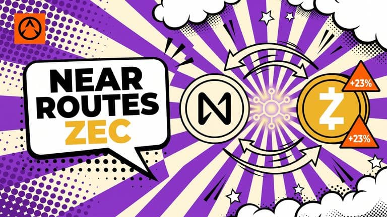 Pop-art comic illustration of a NEAR coin on the left swapping via arrows through a central hub to a Zcash coin on the right, with a +23% badge and the headline NEAR ROUTES ZEC in a speech bubble.