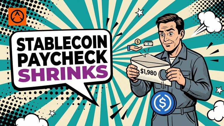 Pop-art comic cover with a worker holding a $2,000 pay envelope that is missing a piece, a USDC coin hovering where the value disappears, and the headline reading 'Stablecoin Paycheck Shrinks'.