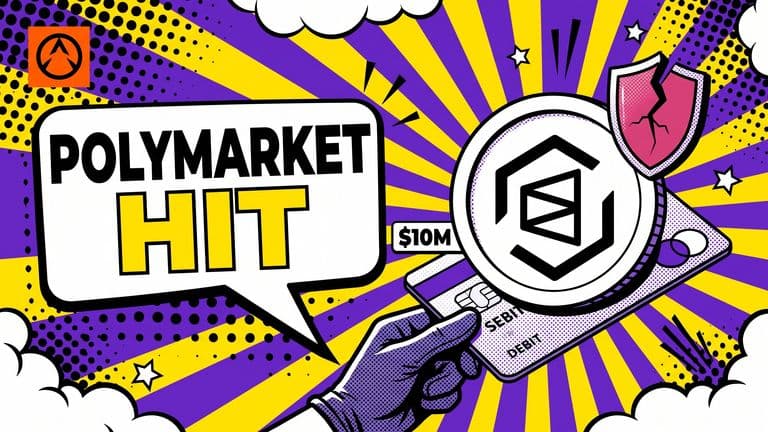 Pop-art comic illustration of a white Polymarket coin on a debit card being pulled by a gloved hand, with a cracked warning shield above and a headline bubble reading Polymarket Hit.