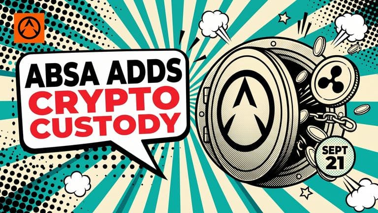 Pop-art comic cover of an Absa-branded bank vault swinging open with Ripple-marked coins bursting out on a radial sunburst, beside a speech bubble reading ABSA ADDS CRYPTO CUSTODY.