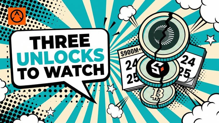 A pop-art comic cover with a speech bubble reading 'THREE UNLOCKS TO WATCH' and three cracked cartoon coins of decreasing size, tagged with the Plasma, Humanity and SoSoValue logos, hovering over a calendar marked 24 and 25.