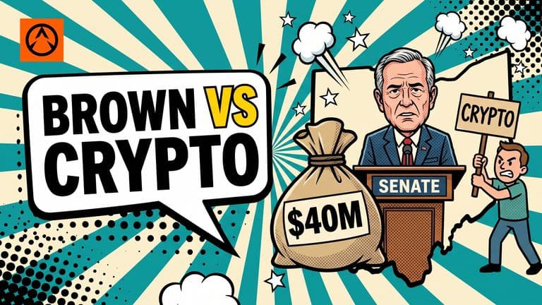 Pop-art comic cover of a senator caricature at a podium beside a large money bag labeled $40M, with an opposing figure holding a crypto placard and an Ohio ballot in the foreground, beneath a speech bubble reading 'BROWN VS CRYPTO'.