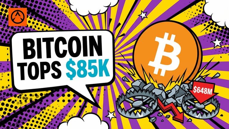 Pop-art comic cover of a large Bitcoin coin bursting upward through crushed bear traps and broken short arrows, with a $648M liquidation badge and the headline Bitcoin Tops $85K in a speech bubble.