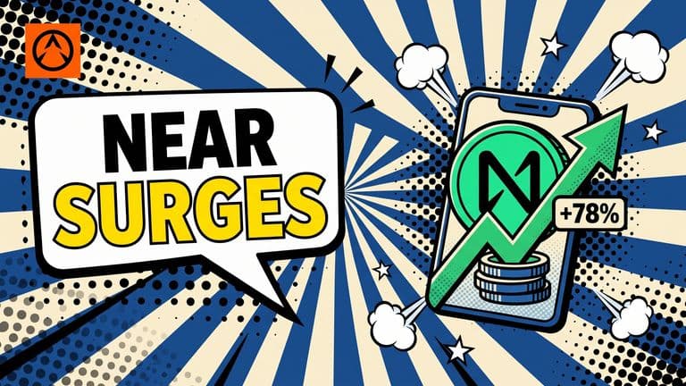 Pop-art comic cover with a speech bubble reading NEAR SURGES, beside an illustrated near.com interface showing a NEAR coin and a green upward arrow with a +78% badge.