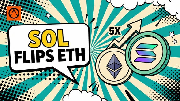A pop-art comic cover showing a Solana coin on the right overtaking an Ethereum coin on the left, with an upward arrow and a small 5X badge, beside a speech bubble reading SOL FLIPS ETH.