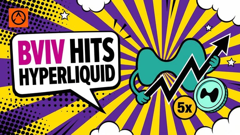 Pop-art comic cover with a big speech bubble reading BVIV HITS HYPERLIQUID on the left, and on the right the Hyperliquid block-bar logo next to a jagged volatility wave chart, a Volmex coin, and a 5x leverage badge.
