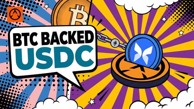 Pop-art comic illustration of a Bitcoin coin on the left connecting through a Morpho lending pad to a USDC coin on the right, with a headline reading BTC BACKED USDC.
