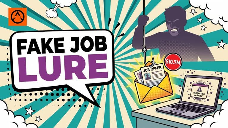 Pop-art comic cover showing a fishing hook lowering a glowing job-offer envelope onto a laptop, warning of fake recruiter scams that stole millions.