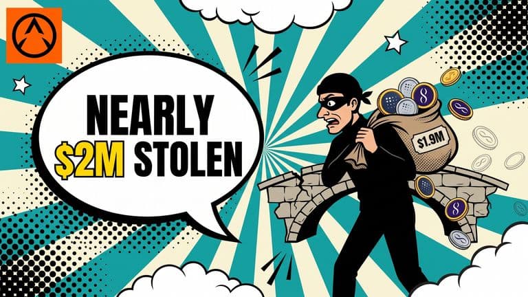 Pop-art comic illustration of a masked cartoon thief stealing branded crypto coins from a cracked bridge, with Fetch.ai and SingularityNET logos on the coins being taken.