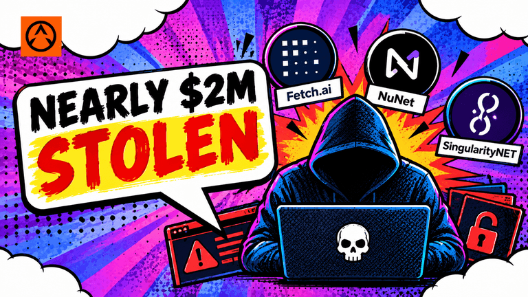 Pop-art comic illustration of a masked cartoon thief stealing branded crypto coins from a cracked bridge, with Fetch.ai and SingularityNET logos on the coins being taken.