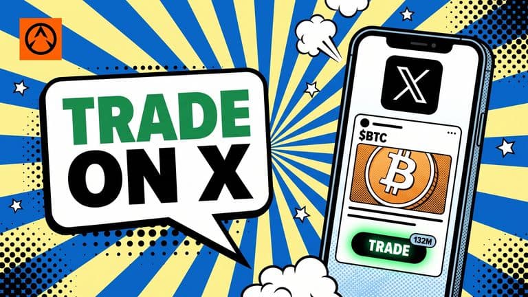 Pop-art comic illustration of a smartphone showing the X app with a Bitcoin cashtag post and a glowing Trade button, set against a radial sunburst.