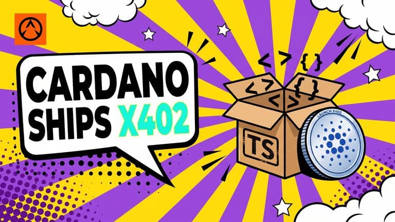 Pop-art comic cover showing a shipping package stamped TS beside a Cardano coin, with the headline CARDANO SHIPS X402 in a speech bubble.