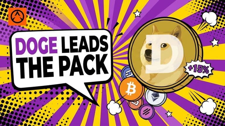 Pop-art cover showing a large Dogecoin coin pulling ahead of a cluster of smaller major crypto coins over a bold sunburst.