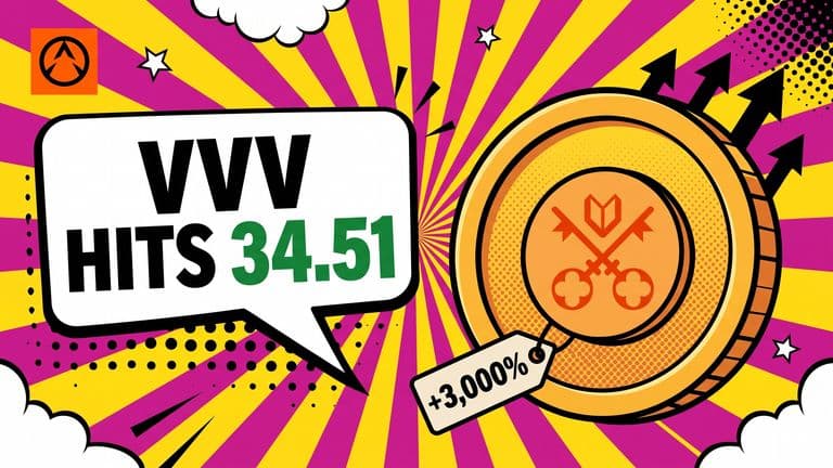 Pop-art comic cover showing a large VVV coin with a Venice AI badge on its face, rising upward over a sunburst, next to a speech bubble reading VVV HITS 34.51.