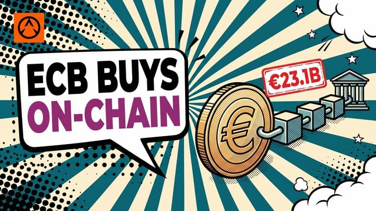 A pop-art illustration of a euro coin bearing the European Central Bank logo, connected by a chain of square tokenized security blocks to a set of bank pillars, representing the ECB's new tokenized settlement rail.