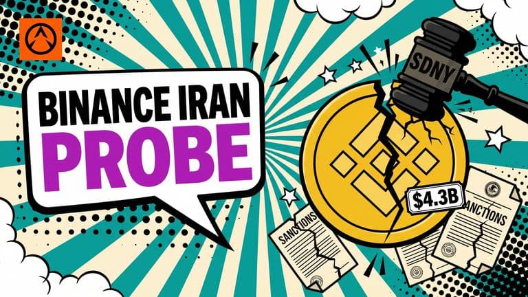 Pop-art illustration of a yellow Binance coin being struck by a black DOJ gavel labeled SDNY, with three cracked Iran sanctions stamps spilling from the blow.