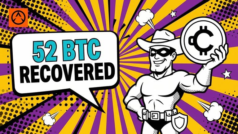 Pop-art comic cover: a masked white-hat figure holds up a Bitcoin coin stamped with the Coldcard logo next to a small trust shield, beside a speech bubble reading 52 BTC Recovered.