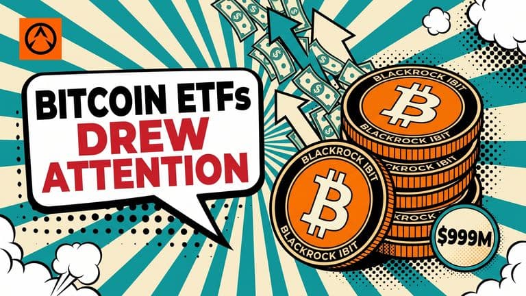 Pop-art comic cover with a speech bubble reading "BITCOIN ETFS DREW ATTENTION", a stream of dollar bills pouring into three large bitcoin coins on the right, the top coin stamped with the BlackRock IBIT mark and a small $999M badge near the stack.
