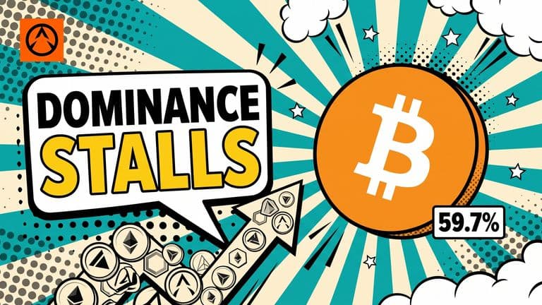 Pop-art comic cover: a large Bitcoin coin tips off balance on the right while a crowd of smaller altcoin coins climbs an upward arrow on the left, beneath a speech bubble reading DOMINANCE STALLS.
