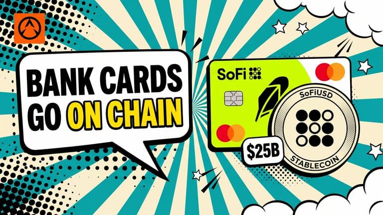 A pop-art illustration of a SoFi Mastercard card overlapped by a large SoFiUSD stablecoin coin, with the SoFi and Mastercard logos flat on the card and coin face.