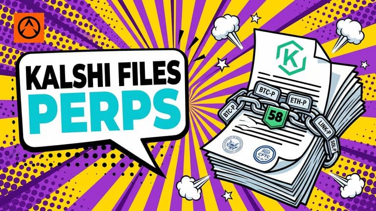 Pop-art comic cover of a stack of SEC and CFTC filing papers bursting from a binder stamped with the Kalshi logo, beside a speech bubble reading KALSHI FILES PERPS.