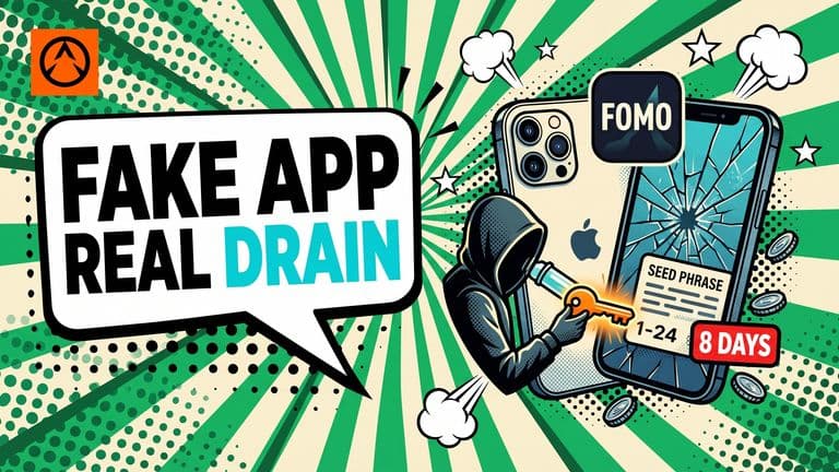 Pop-art comic cover of a cracked iPhone with a malicious FOMO app icon breaking through its screen while a masked figure pulls a crypto key and seed phrase out of the device, with the Apple logo on the phone's back.