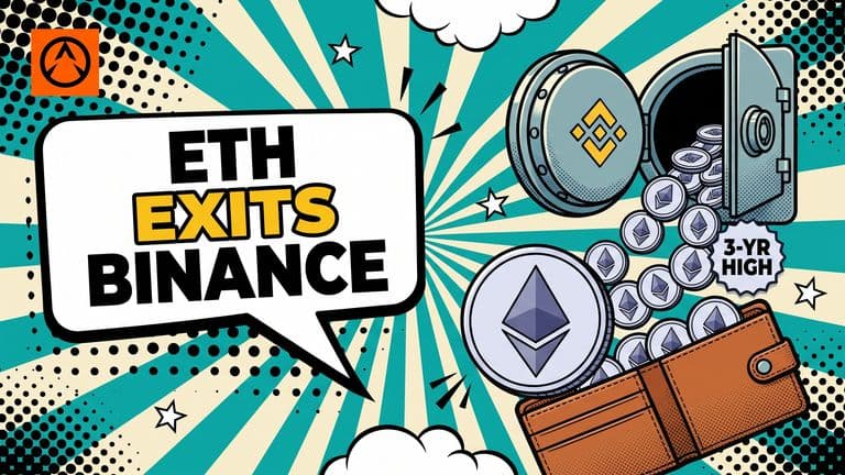 Pop-art comic illustration of Ethereum coins pouring from a Binance vault into an open wallet, with a large ETH coin in front and a speech bubble reading ETH EXITS BINANCE.