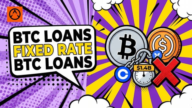 Pop-art comic cover showing a Bitcoin coin linked by a padlock chain to a USDC coin under a sunburst, with a calendar dial for the fixed maturity and Coinbase and Morpho marks on the chain.