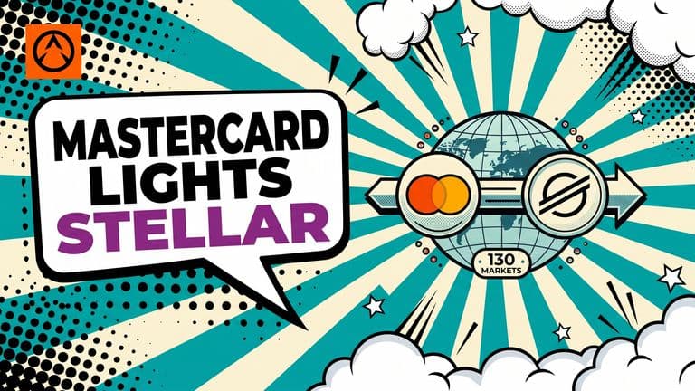 Pop-art comic cover showing the Mastercard badge on the left joined to a Stellar coin on the right by a single payments beam, with a small world arc behind them and a '130 MARKETS' label.