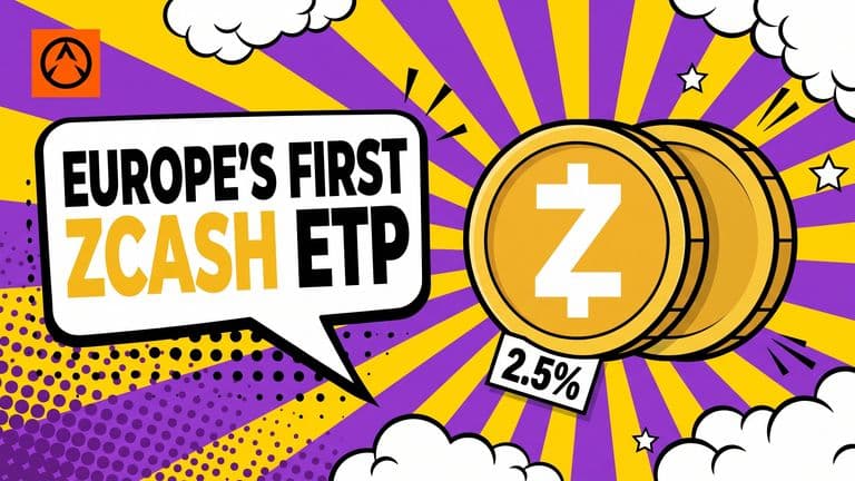 Pop-art comic cover: the Altcoin Buzz logo sits top-left, a speech bubble on the left reads 'Europe's first Zcash ETP', and a coin badge bearing the 21Shares and Zcash marks stands on a sunburst on the right with a 2.5% fee tag beneath it.