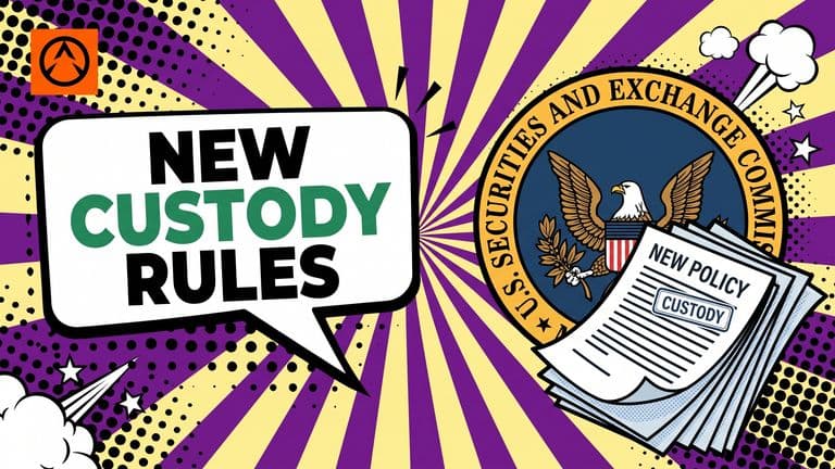 A pop-art comic cover showing a large SEC shield on the right with policy documents fanning out beneath it, beside a speech bubble headline reading NEW CUSTODY RULES.