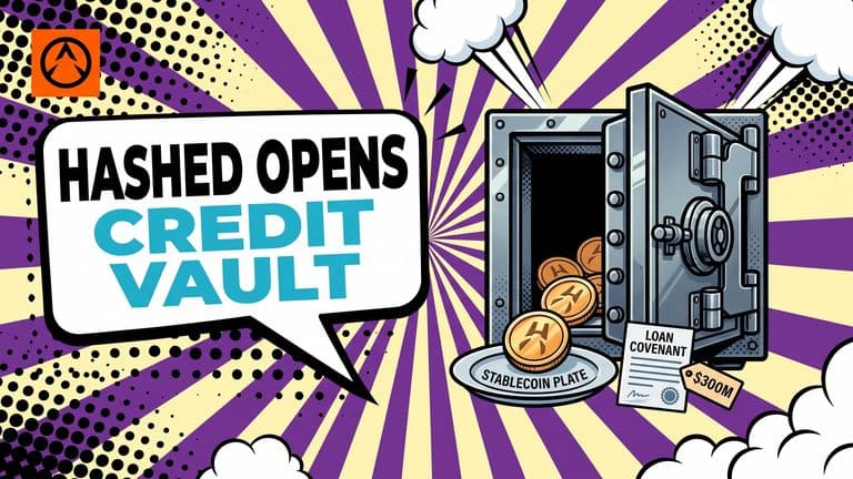 Pop-art comic cover showing an open vault with Hashed-branded coins and a covenant document beside a headline reading HASHED OPENS CREDIT VAULT, with a $300M badge.
