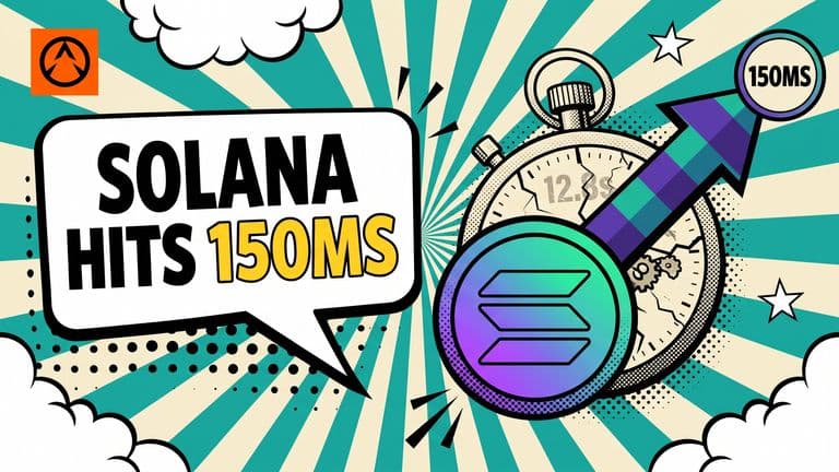 Pop-art comic cover of a Solana coin badge bursting past a cracked 12.8-second timer toward a 150ms finality marker, with the headline "SOLANA HITS 150MS" in a speech bubble on the left.