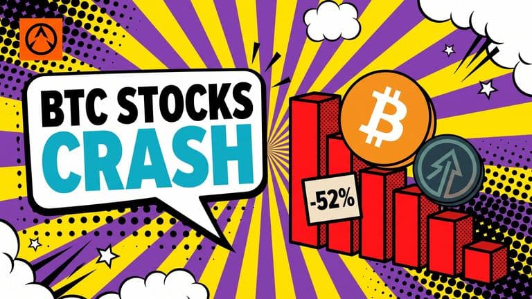 A bold pop-art cover showing a Bitcoin coin and a Strategy stock badge tumbling down a steep red bar chart, paired with the headline BTC STOCKS CRASH and a -52% badge.
