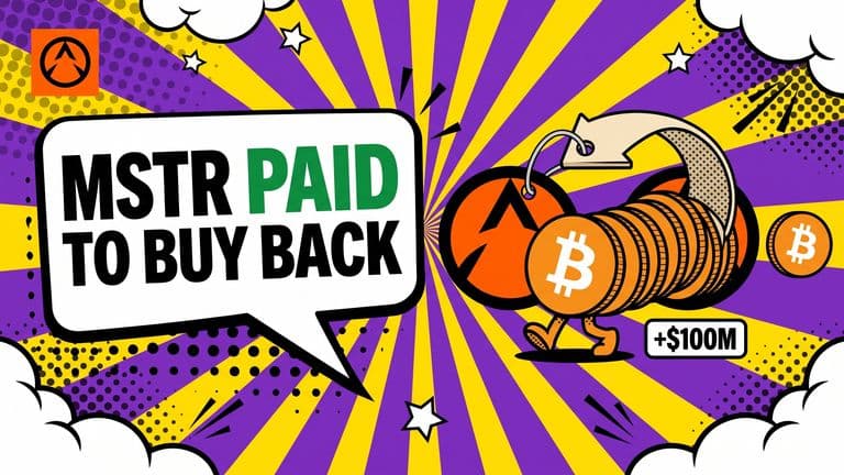 Pop-art comic illustration of a bitcoin stack leaving a Strategy badge and looping back into it at a higher price, with a +$100M price tag overhead.