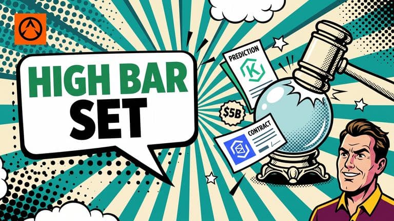 A pop-art comic illustration of a gavel striking a crystal ball, surrounded by floating prediction-market contract tickets bearing the Kalshi and Polymarket logos, with the headline HIGH BAR SET in a speech bubble.